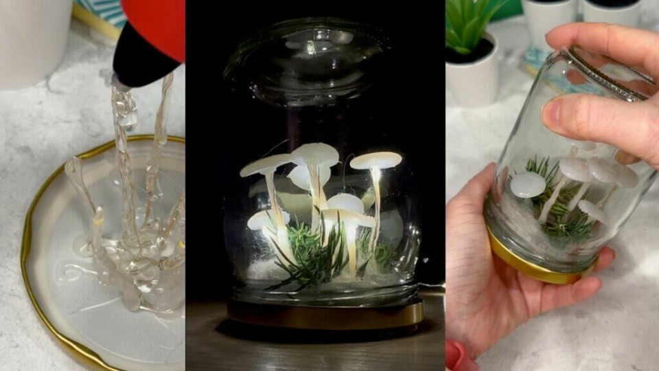n sjarmerende DIY-lykt laget med et syltetøyglass, limpistol og lyslenke. Perfekt for å skape en magisk atmosfære med lysende småsopper! (Foto: Kreative Ideer/ Miriam Schjetlein) Bildet viser en kreativ DIY-lykt eller lampe laget av et syltetøyglass, en limpistol og en lyslenke. I venstre bilde ser vi hvordan limpistolen brukes til å forme soppstilker på lokket av syltetøyglasset. Midten av bildet viser det ferdige produktet med flere lysende “sopp” inni glasset, omringet av falskt gress eller mose, som gir et magisk og eventyrlig uttrykk. Til høyre holdes glasset opp ned for å vise hvordan soppene ser ut inni glasset, med lysene som gir en myk, varm glød.