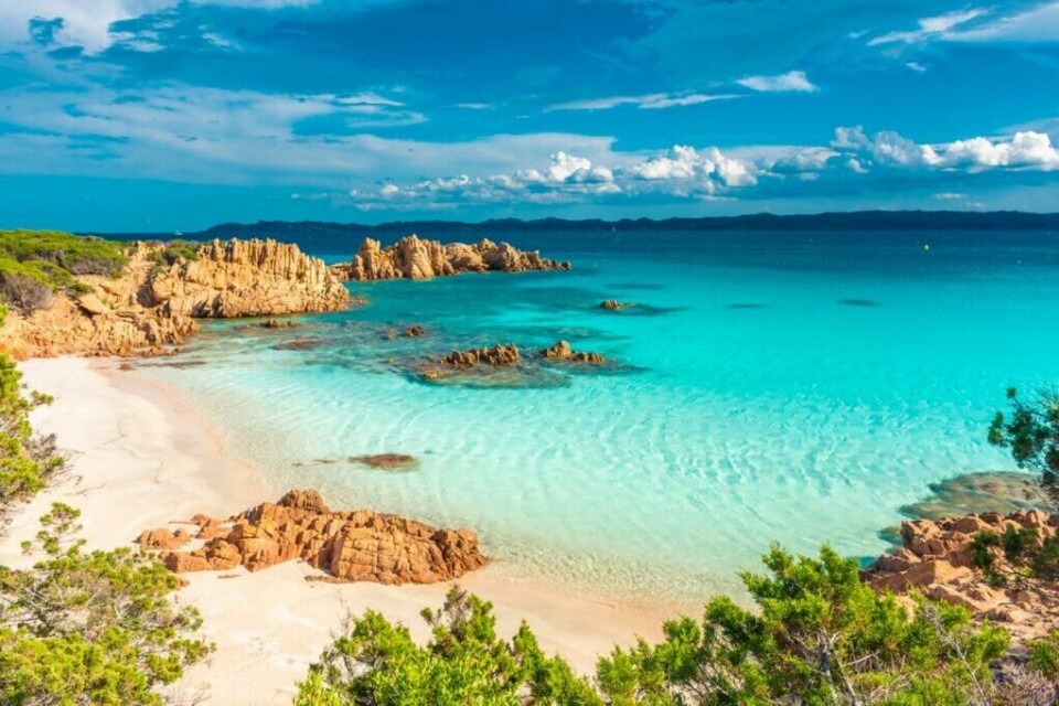 Smaragdkysten på Sardinia er spesielt kjent for sitt klare vann og vakre strender! (Foto: Colourbox) Et bilde av en vakker strand på Costa Smeralda, Sardinia, Italia. Stranden har hvit sand og krystallklart turkis vann som gradvis blir dypere. Klippeformasjoner stikker ut i vannet, og grønne busker og trær omgir stranden. I bakgrunnen strekker horisonten seg under en klar blå himmel med noen få hvite skyer. Det rolige havet skaper en idyllisk og avslappende atmosfære. Middelhavsøya Sardinia byr på både luksus og spennende historie, og her finner du krystallklar sjø og kritthvite strender. Vi gir deg tips til hva du kan se og gjøre på den italienske øya i Middelhavet; Dra til Smaragdkysten, Grotta di Nettuno, Nuraghe-ruinene, La Maddalena-øygruppen. Vi hjelper også med å finne hotell på Sardinia.