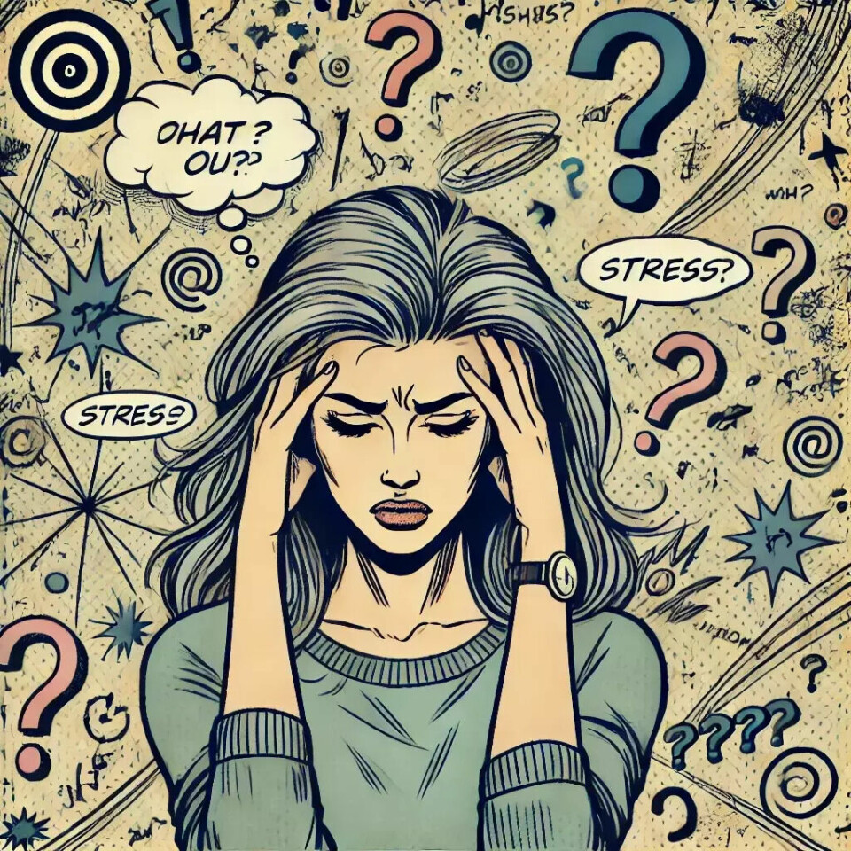 Å håndtere og redusere stress sterter gjerne med å bli bevisst at man lever i en hverdag som ikke oppleves god, som ikke er lystbetont eller som domineres av psykiske, kognitive eller fysiske plager, forklarer lege Trude Salte. Bildet viser en tegneseriestil illustrasjon av en kvinne med gråblått hår og en gråblå genser, som ser ut til å være under stress. Hun holder hodet med begge hender og har et uttrykk av bekymring eller ubehag i ansiktet. Rundt henne er det flere spørsmålstegn og symboler, som hvirvler og linjer, som gir et inntrykk av forvirring, overveldelse, eller stress. Noen snakkebobler inneholder ord som 'STRESS?' og et forvirrende 'OHAT? OU??', som forsterker følelsen av kaos i tankene hennes. Hvordan vet du at du er for stresset? Hva symptomene på stress og hvordan reduserer og håndterer du stress i hverdagen? Legen forklarer.