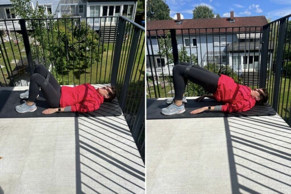 Hip thrust (glute bridge) er en styrkeøvelse som trener rumpe. Denne er fin å gjøre med strikk (miniband). (Foto: Cecilie Aasland / ABC Startsiden) Bilde av en dame i rosa treningsjakke, svarte tights og blå løpesko fra Hoka, som gjennomfører et treningsprogram som trener styrke for hele kroppen med treningsstrikker. Hun står ute i en oppgang med en treningsmatte og i bakgrunnen er det grå rekkehus, frodig grønn plen og trær. På bildet trener hun hoftehev (glute bridge) med minibånd (treningsstrikk), en styrkeøvelse som trener rumpe.