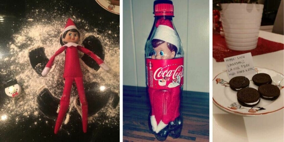 Snøengler, fanget i cola, og overraskende Oreos – Rampenissen vet hvordan han skaper kaos. ette bildet viser tre rampestreker utført av Rampenissen. På venstre side ser vi nissen ligge i mel på kjøkkenbenken og lage en snøengel. Rundt ham er det et tykt lag mel, og ved siden av ligger en liten marshmallow-snømann med tegnet ansikt. I midten er nissen fanget inne i en tom Coca-Cola-flaske, hvor han ser ut som om han har drukket seg fast etter å ha tømt flasken. På høyre side er det en tallerken med Oreos, men fyllet har blitt byttet ut med tannkrem. En lapp ved siden av kakene sier: 'Hurra! Siste skoledag! La oss feire med noen kjeks!' – et humoristisk påfunn som vil overraske dem som tar en bit.