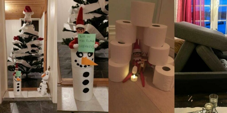 Rampenissen forvandler stuen til sitt eget rike med snømann, iglo og sofaputeslott! Dette bildet viser flere kreative rampestreker fra Rampenissen som kan utføres i stua.Tulle med juletreet: Her har nissen virkelig gått bananas ved å surre juletreet inn i toalettpapir, en gøyal idé fra Janne Kaste Andersen. Barna vil bli overrasket når de ser at treet er pakket inn som en gigantisk gave om morgenen.Snømann av toalettruller: Ved siden av juletreet har nissen også laget en snømann av toalettruller, komplett med gulrotnese og små dekorasjoner. Denne rampestreken gir en vinterlig følelse inne i stua og er også et bidrag fra Janne.Iglo av toalettruller: Nina Berggren foreslår en rampestrek der nissen bygger en iglo av toalettruller. Inne i igloen sitter nissen og griller marshmallows over et telys, noe som gir en koselig og overraskende effekt.Slott av sofaputene: Åse Kleven kommer med en idé der nissen bygger et slott av sofaputene. Med puter stablet opp i forskjellige former, ser det ut som nissen har laget sin egen lille borg midt i stua, til stor glede for barna som våkner til dette synet.Dette bildet viser hvordan Rampenissen kan gjøre stua til sitt eget lekeland med fantasifulle rampestreker.