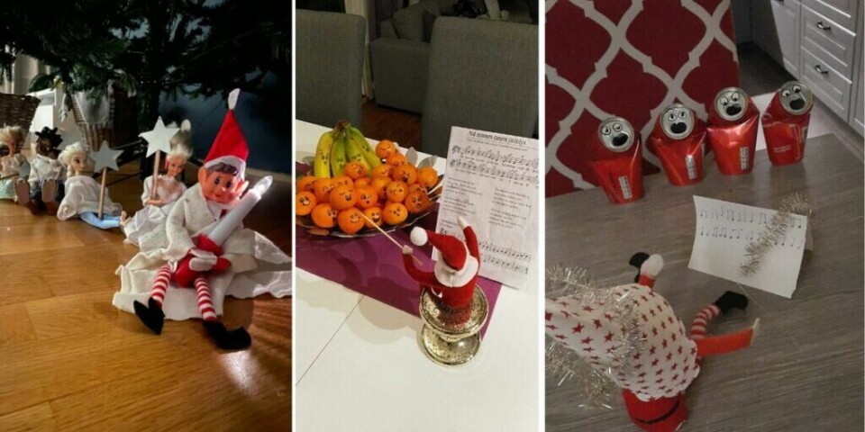 Lucia-tog, klementin-kor og brusboks-sangere – Rampenissen sprer juleglede overalt. Dette bildet viser flere morsomme og kreative rampestreker med Rampenissen i julemodus. Til venstre leder nissen et Lucia-tog, utkledd som Lucia med lys i hånden, mens han sitter foran en rekke dukker i hvite kjoler som følger etter med stjerner. Midten av bildet viser Rampenissen som dirigerer et kor av klementiner, hver dekorert med morsomme ansikter. Et sangark med teksten til 'Nå tennes tusen julelys' står foran dem. Til høyre har nissen arrangert et Lucia-kor av brusbokser, der hver boks har et tegnet ansikt og ser ut til å synge. Nissen dirigerer koret med et sangark på bordet.