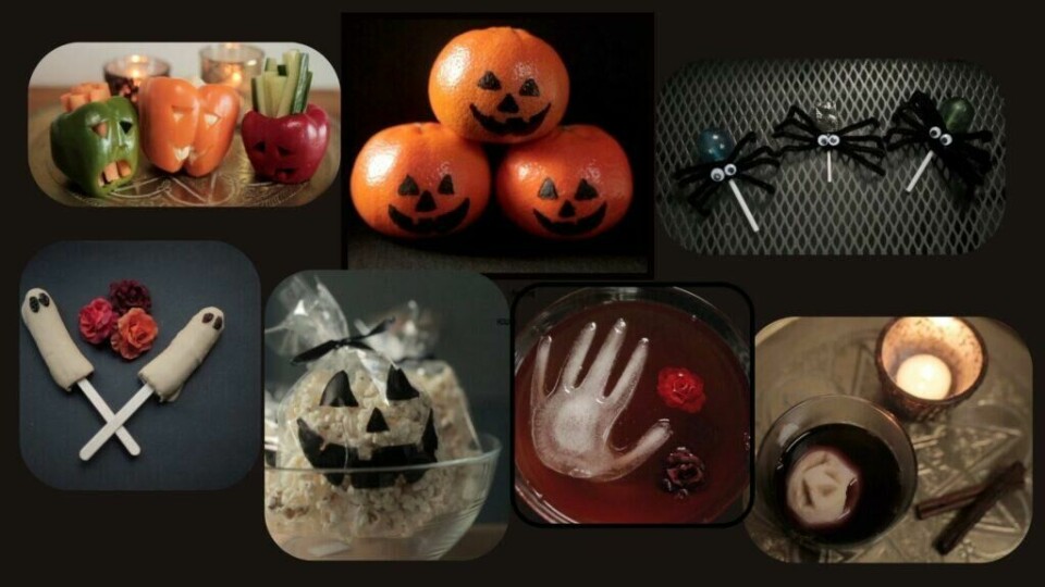 En kreativ halloween-collage med ulike snacks- og dekorasjonsideer.