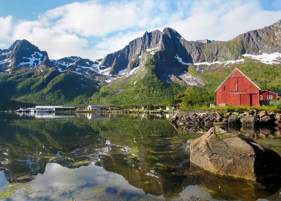 Senja prydes av bratte, grønnkledde fjell. (Foto: Werner Harstad/Statens vegvesen) En pittoresk fjordscene på Senja med en rød låve ved vannkanten. Bakgrunnen domineres av majestetiske, snødekte fjell som speiler seg i det stille vannet. Noen små bygninger og en brygge med båter kan også sees langs vannkanten. Himmelen er blå med noen spredte skyer, og vegetasjonen rundt er frodig og grønn. Her får du tips til syv vakre bilturer i Norge som er perfekt for norgesferien. Geiranger og Trollfjorden, Atlanterhavsveien, Lofoten, Hardanger, Rondane, Gamle Strynefjellsvegen, Senja.