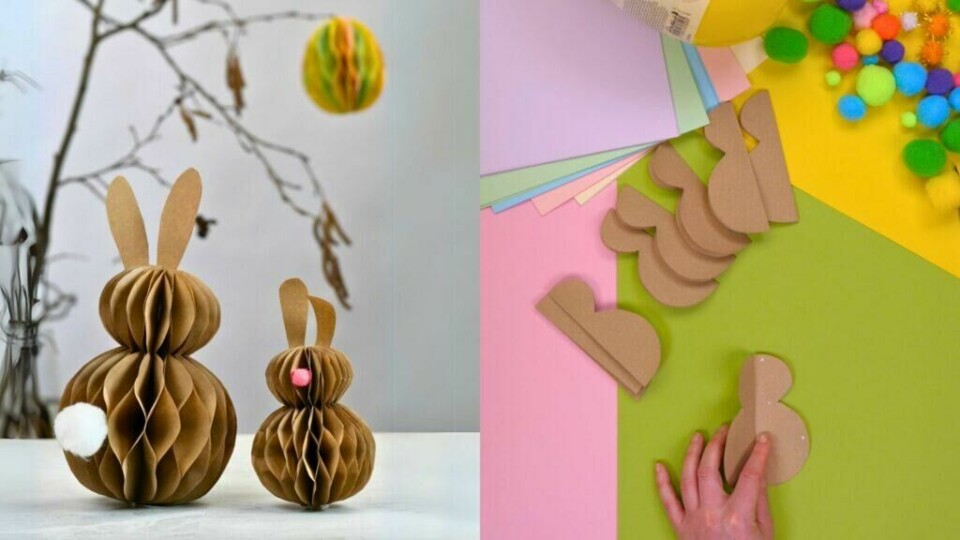 Søte papirkaniner med honeycomb-effekt passer perfekt til påskepynten. (Foto: Miriam Schjetlein)