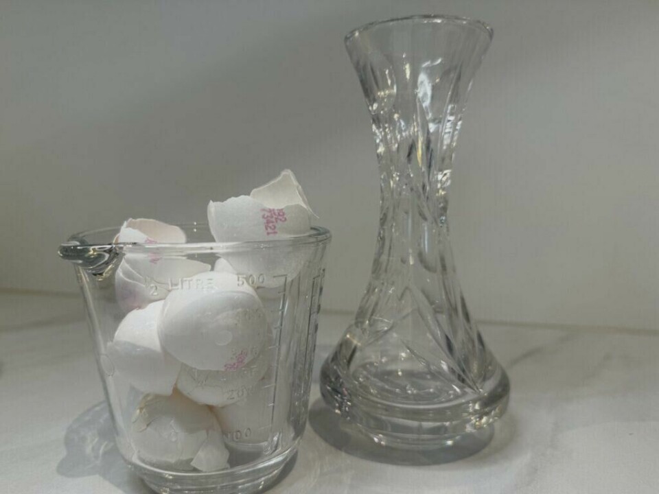 Knuste eggeskall i en målekopp og en elegant glassvase – en kreativ kombinasjon av kjøkken og dekorasjon (Foto: Kreative Ideer/ Aurora Lange)