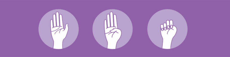 Foto: Canadian Women's Association (Foto: Kreative Ideer/ Aurora Lange) Tre ikoner med en hånd illustrerer et internasjonalt tegn for nød. Hånden er vist i tre stadier: åpen håndflate, fingre bøyes ned over tommelen, og en knyttet neve til slutt. Dette signalet har blitt brukt som et diskret rop om hjelp, spesielt i tilfeller av vold eller overgrep