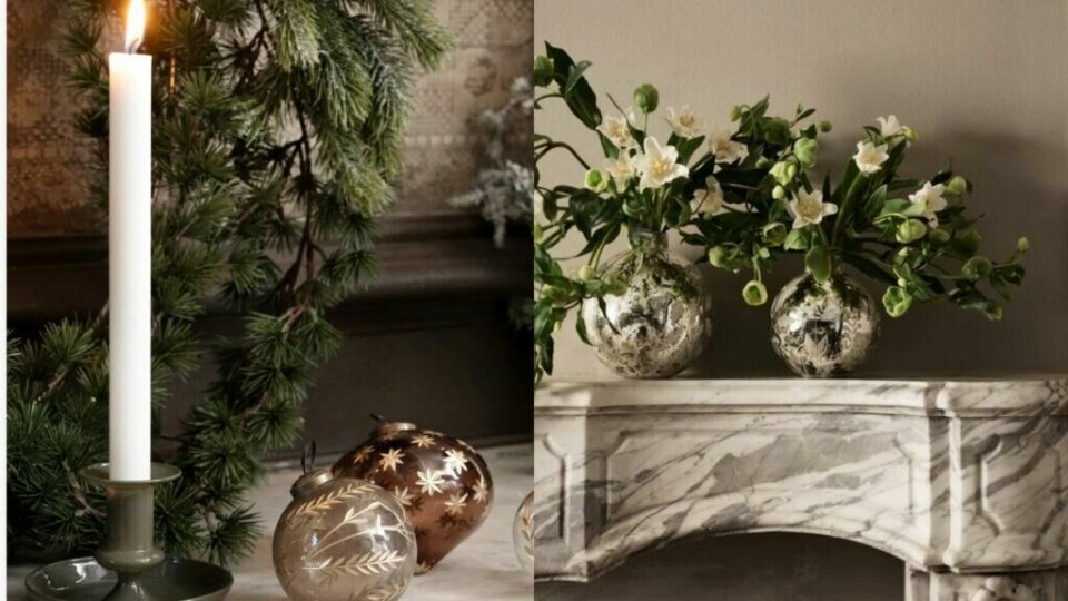 Inspirasjonsbilde Kid interiør (Foto: Kreative Ideer/ Aurora Lange) Bildet viser to stemningsfulle juleoppsett. Til venstre er det et klassisk arrangement med et tent hvitt lys i en grønn lysestake omgitt av granbar og vakre, håndmalte julekuler i gull og bronse. Til høyre er det en dekorativ oppstilling med to glassvaser i sølv, fylt med hvite blomster og grønt løvverk, plassert på en elegant marmorkamin. Kombinasjonen av det naturlige grøntet, glansen fra sølvet og den varme gløden fra lyset skaper en lun og elegant julestemning.