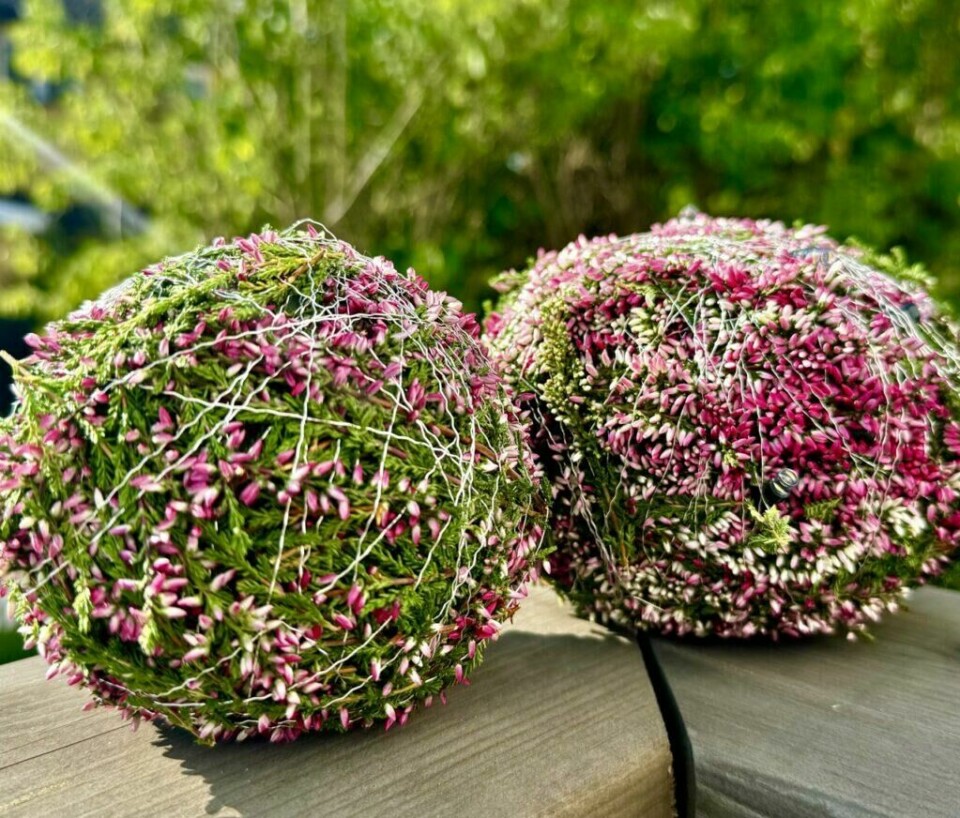 To vakre lyngballer surret med tråd, skapt som dekorative elementer til både innendørs og utendørs bruk. Et kreativt og miljøvennlig DIY-prosjekt som gir et høstlig preg til hjemmet. (Foto: Kreative Ideer/ Aurora Lange)