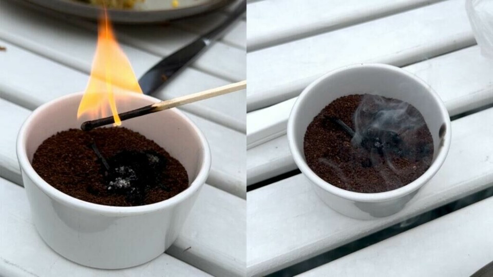 Tenn på kaffen, slik at det begynner å ryke. (Foto: Kreative Ideer/ Miriam Schjetlein) To bilder av en liten skål med kaffe. I bildet til venstre settes en fyrstikk med flamme på kaffen, i bildet til høyre ryker det av kaffen.