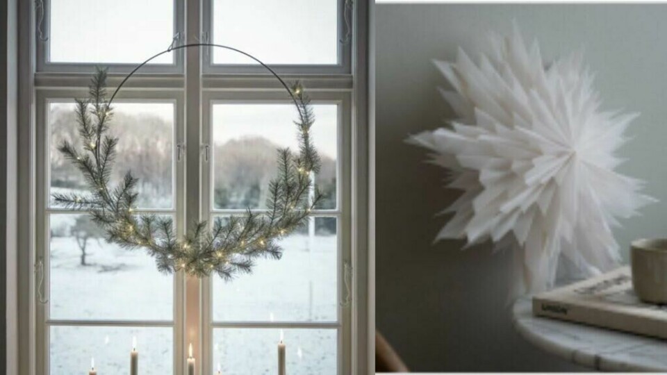 Insoirasjonsbilde fra Lunehjem.no (Foto: Kreative Ideer/ Aurora Lange) To stemningsfulle juledekorasjoner vises her. Til venstre ser vi en enkel og elegant lyskrans hengt opp i et vindu med utsikt mot snødekte trær. Kransen er formet av en halvsirkel av granbar med små lys som lyser opp mørket og skaper en koselig atmosfære. Til høyre er det en dekorativ papirstjerne med spisse kanter, plassert på et bord ved siden av en kopp og en bok. Papirstjernen har en snøliknende tekstur som gir en vinterlig og festlig følelse.