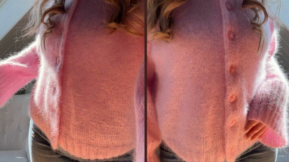 Marie Cardigan kombinerer moderne enkelhet med myk luksus i silk mohair – en stilren klassiker med skandinavisk uttrykk. (Foto: Kreative Ideer/ Aurora Lange) To utsnitt av Marie Cardigan i dus rosa mohair, stylet ute i dagslys. Cardiganen har rund hals, tone-i-tone knapper og en lett, luftig struktur i glattstrikk.