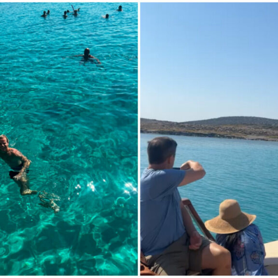 Bading i krystallklart vann og en rolig båttur til avsidesliggende kystområder – essensen av øyhopping i Hellas. (Foto: Ole Kristian Aaknes) Bildet er en kollasj som viser to opplevelser fra øyhopping i Hellas. Til venstre svømmer en person i krystallklart, turkis vann, omgitt av andre badende – et klassisk bilde fra Hellas' skjulte badeperler. Til høyre sitter to personer på en trebåt som glir gjennom rolig, blått vann mot en øde kystlinje, noe som fremhever den avslappende og autentiske båtopplevelsen.
