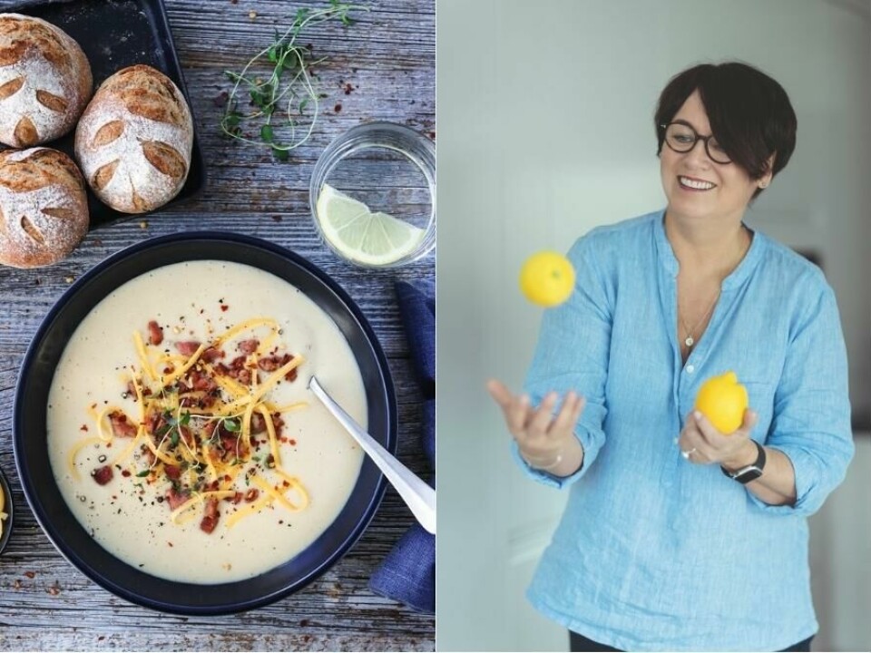 Vi er så heldige å ha fått oppskrift påTrines Matbloggspotetsuppe med purre, bacon og cheddar! (Foto: Trines Matblogg / Bilder hentet fra Trines nye bok «Trines beste ukemenyer»)