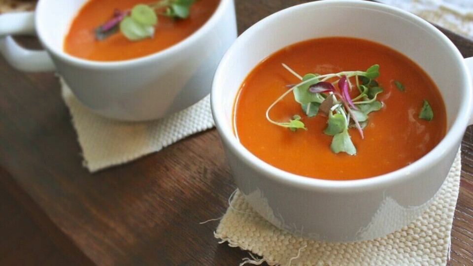 Kremet tomatsuppe servert i hvite kopper, toppet med mikrogrønt for en frisk smak og et visuelt løft. Perfekt for en koselig lunsj eller middag med en rustikk touch. (Foto: Canva)