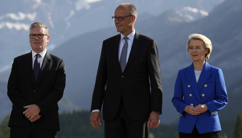 Tysklands forbundskansler Friedrich Merz gjentar sin støtte til Israel i krigen mot Iran, her fotografert i Canada, flankert av Storbritannias statsminister Keir Starmer og EU-kommisjonens president Ursula von der Leyen.