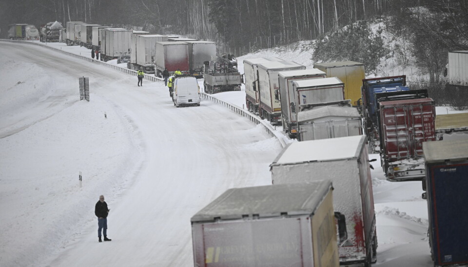 Lastebiler i kø ved Linderöd i Sverige i januar i fjor. Klimautslippene fra den svenske veitrafikken økte med hele 24 prosent i 2024.