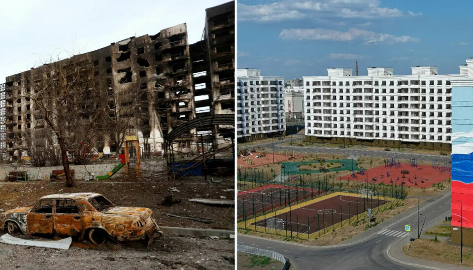 Før og nå: Bildet til venstre viser et nabolag i Mariupol i mars 2022, etter svært harde kamper. Bildet til høyre, fra august 2023, viser et nytt nabolag russiske myndigheter har bygget i industribyen innerst i Azov-bukta.