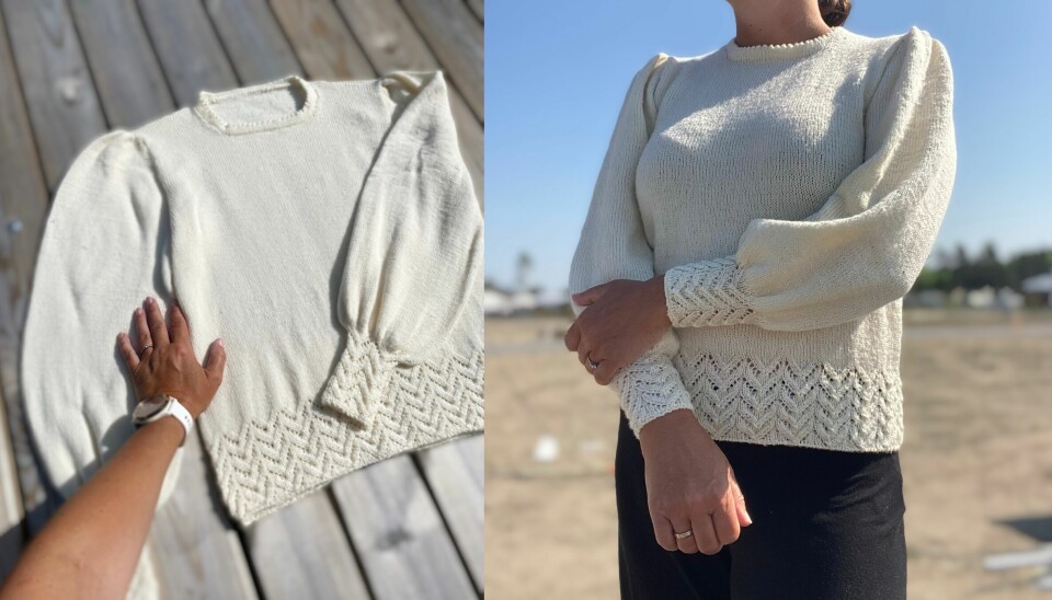 Arrowina blouse strikkes i merinoull og har pufferm og dekorativ picotkant i halsen. To bilder av Arrowina blouse. Til venstre ligger blusen flatt på et bord, og hånden til en person holder i ermet. Til høyre sees blusen i bruk, med fokus på mønsterborden nederst og de puffede ermene.