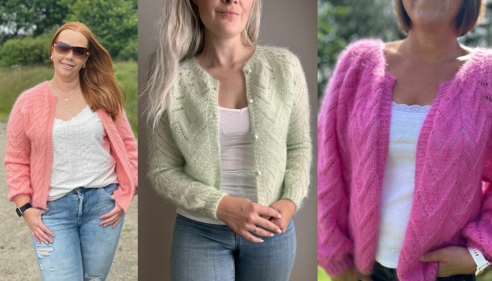 Cardiganen fra Arrowina-serien kan varieres i farge og stil – like fin til hverdags som til pynt. Tre varianter av Arrowina cardigan i forskjellige farger – rosa, lys grønn og knallrosa. Alle har det karakteristiske pilmønsteret og lukkes med knapper. Modellene står utendørs eller mot nøytral bakgrunn og viser plaggets passform.