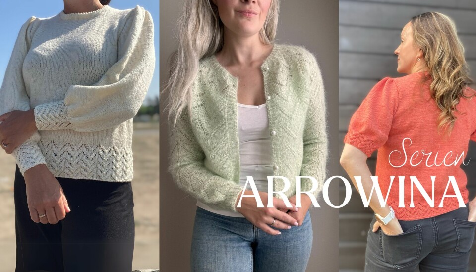 Arrowina-serien byr på cardigan, blouse og jumper – alle med nydelig pilmønster og gjennomtenkte detaljer. Et sammensatt bilde som viser tre plagg fra Arrowina-serien designet av Abbaknit Design. Til venstre vises en hvit blouse med pufferm og pilmønster nederst. I midten en lys grønn cardigan med strukturmønster og perleknapper. Til høyre en rustrød jumper med korte puffede ermer og samme pilmønster nederst.