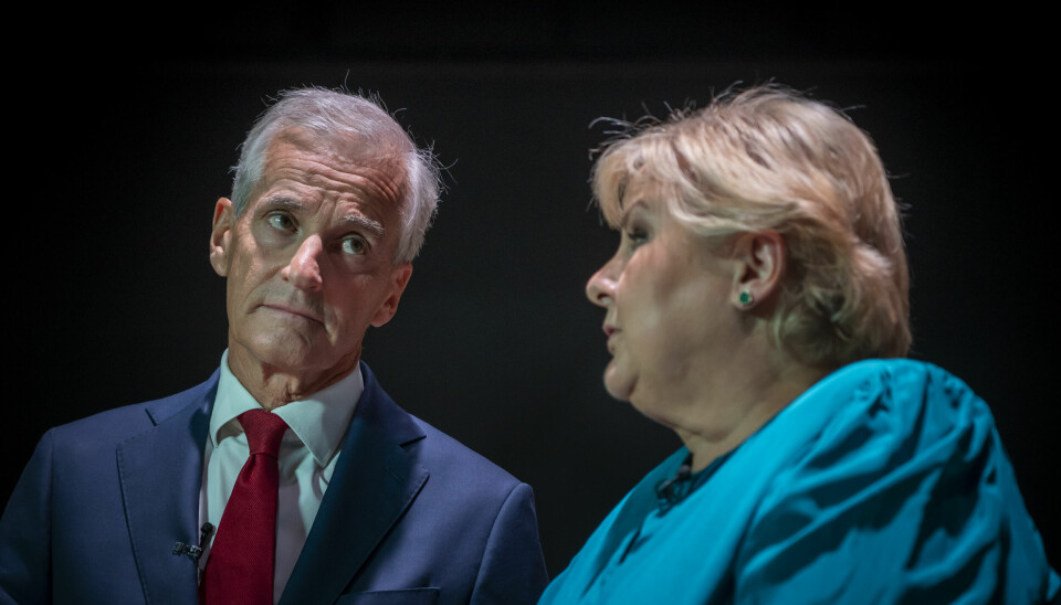 Jonas Gahr Støre, partileder Arbeiderpartiet (Ap) og Erna Solberg, partileder Høyre (H).