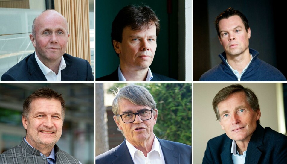 Øverst fra venstre: Hans Thrane Nielsen i Storebrand Asset Management, Sigurd Klev i Heimdal Fondene og Thomas Nielsen i First Fondene. Nederst fra venstre: Audun Wickstrand Iversen i DNB Asset Management, Jan Petter Sissener i Sissener Canopus og Robert Næss i Nordea.