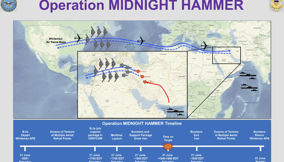 Pentagon publiserte søndag denne kartillustrasjon over angrepet, som har fått navnet «Midnight Hammer».