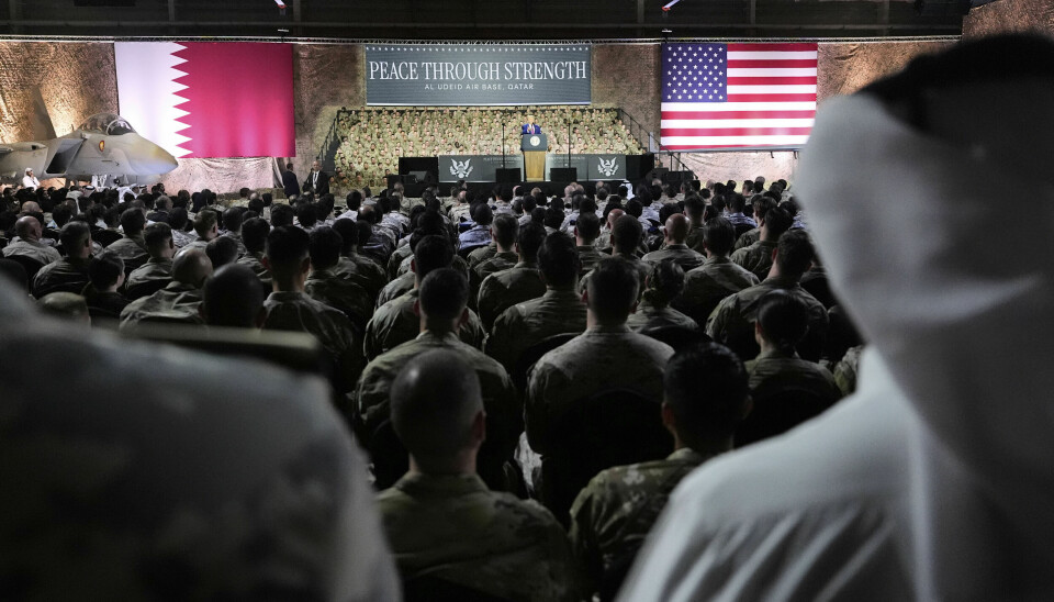 President Donald Trump talte 15. mai i Al Udeid-basen utenfor Qatars hovedstad Doha, der rundt 10.000 amerikanske soldater er stasjonert.
