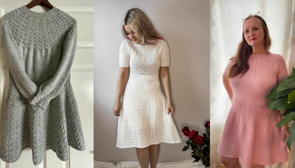 Strikk en kjole som både er komfortabel og pyntet. Heartshaped dress er et sommerplagg du vil bruke igjen og igjen. Heartshaped-kjolen vises i grå, hvit og rosa. Den er strikket med struktur i overdelen og skjørt som faller pent. Vises både på henger og i bruk, med ulike modeller. Kjolen har kort erm og rund hals.