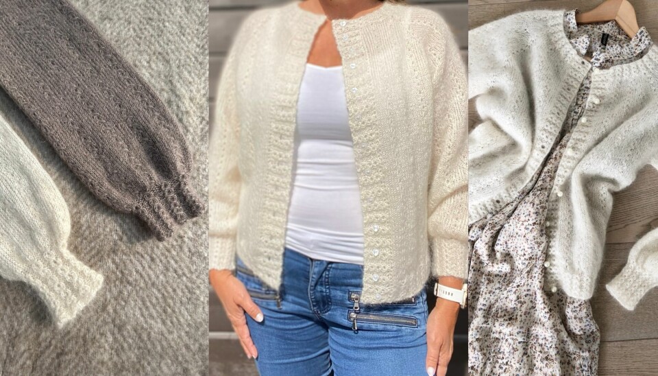 En myk cardigan med delikat struktur. Fin å slenge over sommerkjolen eller bruke til jeans. En cardigan i mohair- og silke-blanding vises både som flatt lagt plagg og i bruk. Plagget har lange ermer, gjennomgående hullmønster og perlemorsknapper. Vises i kremhvit og grå variant, og styles både til jeans og blomstrete kjole.