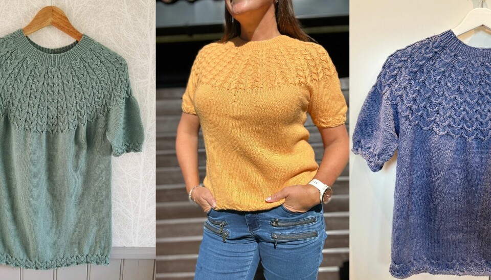 Heartshaped tee har et flettemønster som gjør den sommerfin og lett å bruke hele sesongen. T-skjorte med kort erm og strukturert bærestykke strikket i bomull og merino. Vises i grønn, gul og blå, både som flatt plagg og i bruk. Mønsteret i bærestykket minner om små hjerter.