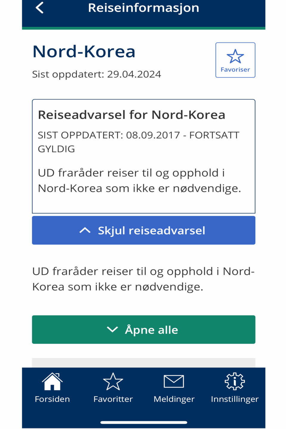 På Reiseklar kan man enkelt se at UD fraråder nordmenn fra å ta ferien til Nord-Korea