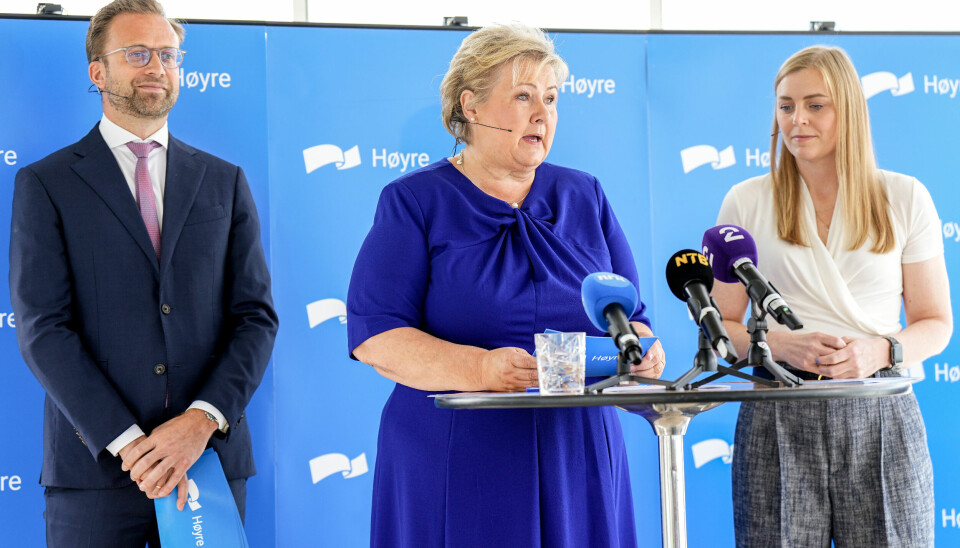 Partileder Erna Solberg (midten), finanspolitisk talsperson Nikolai Astrup og nestleder Tina Bru lover store skattekutt. Det synes ikke andre partier noe om.