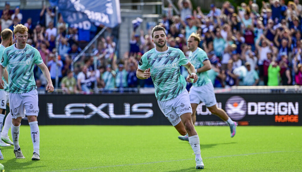 Niklas Ødegård jubler etter å ha utlignet for Kristiansund i cupkampen mot Stabæk.