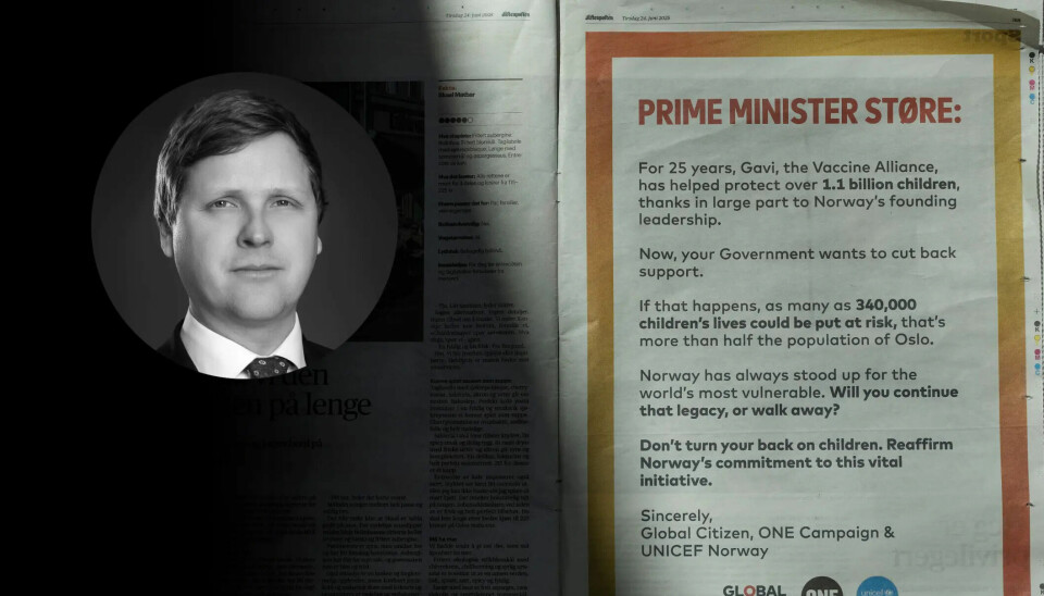 Denne uken ble lesere av Aftenposten møtt av en helsides annonse som retter seg direkte mot statsminister Jonas Gahr Støre (Ap) og regjeringens nedjustering av norsk støtte til vaksinealliansen Gavi.