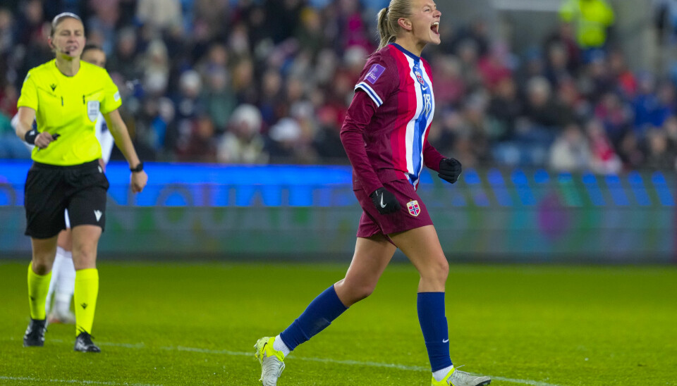 Frida Maanum jubler for scoring i EM-kvalifiseringskamp mot Albania i fjor høst.