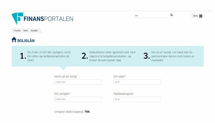 I Finansportalen legger man inn verdien av boligen, hvor mye man har boliglån, alder og og nedbetalingstid. Da får man enkelt opp de beste tilbudene for øyeblikket.