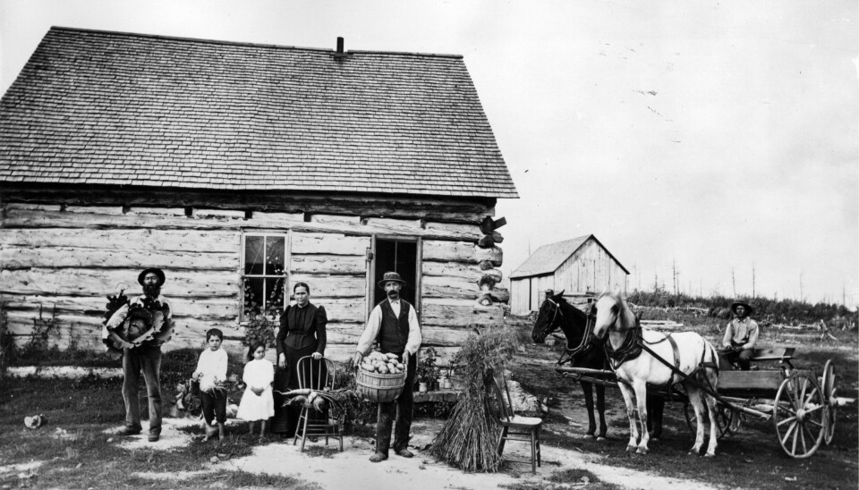 Over 800.000 nordmenn utvandret til USA i de hundre årene som gikk etter 1825. Her er norske utvandrere på en gård i Minnesota i 1895. Huset er laftet i norsk stil.