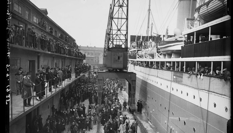 Den norske Amerikalinje var et rederi som ble opprettet som følge av den norske masseutvandringen. Her er et av skipene til kai på Vippetangen i Oslo i 1915.