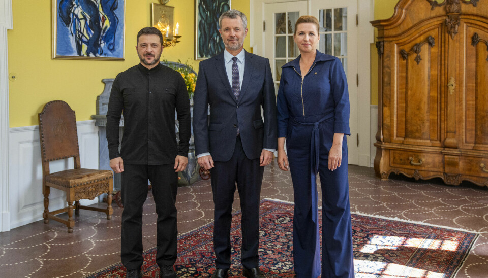 Ukrainas president Volodymyr Zelenskyj sammen med kong Frederik og Danmarks statsminister Mette Frederiksen.
