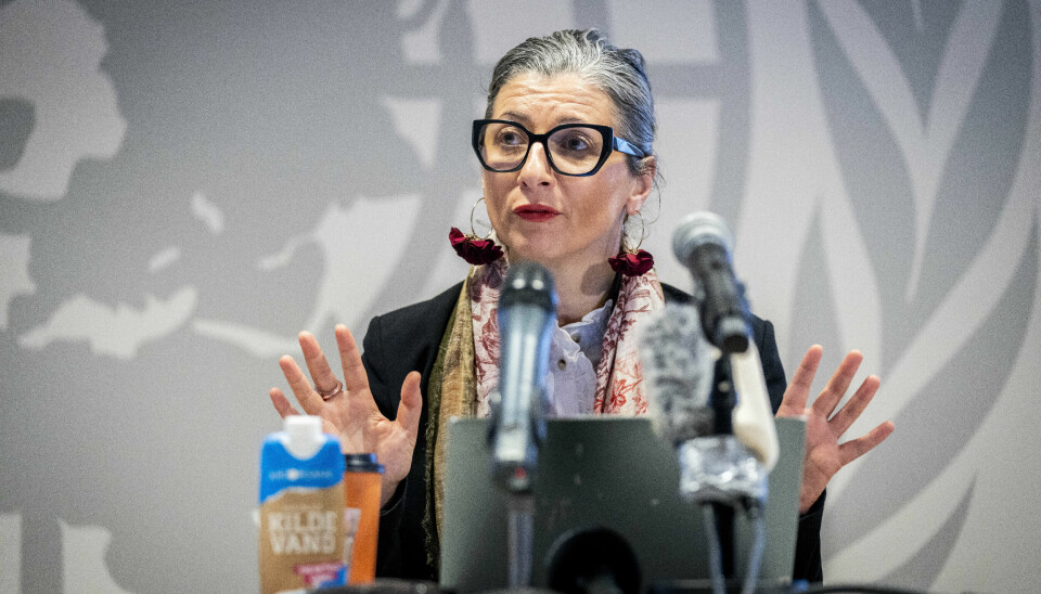 FNs spesialrapportør for de okkuperte palestinske områdene Francesca Albanese under en pressekonferanse i København i februar i år.