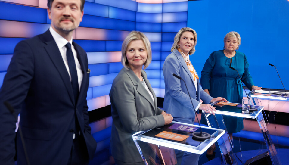 Partilederne på borgerlig side i NRKs hasteinnkalte debatt i slutten av mai. Fra venstre Dag-Inge Ulstein (KrF), Guri Melby (Venstre), Sylvi Listhaug (Frp) og Erna Solberg (Høyre).