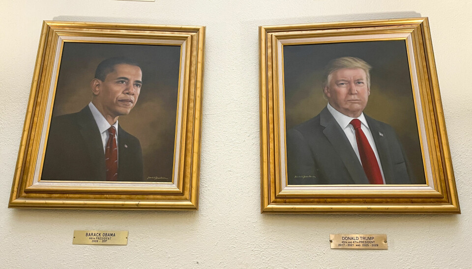 Portretter av Donald Trump og Barack Obama, malt av Sarah Boardman.