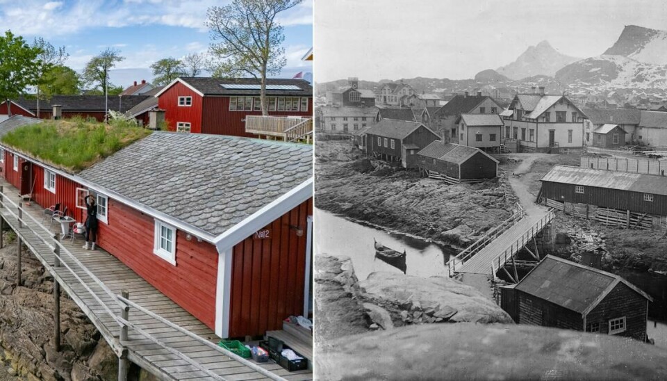 Rorbuene slik de så ut da de ble brukt under lofotfisket (t.h.), og i dag. Legg også merke til den nye broen (nede til høyre).