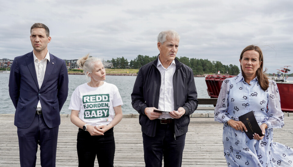 Klima- og miljøminister Andreas Bjelland Eriksen (til venstre), SVs leder Kirsti Bergstø, statsminister Jonas Gahr Støre og fiskeri- og havminister Marianne Sivertsen Næss presenterte nye tiltak for Oslofjorden.