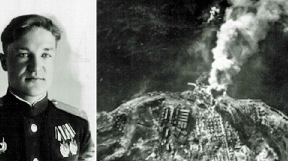 Den sovjetiske krigshelten Jevgenij Frantsev var også med på å bombe Kirkenes som var okkupert av nazistiske tropper. Bildet av byen i brann er tatt av hans mannskap.