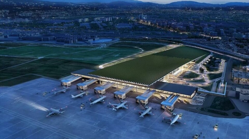 Skissen viser det foreslåtte designet for den nye flyplassen i Firenze - komplett med vingård på taket.