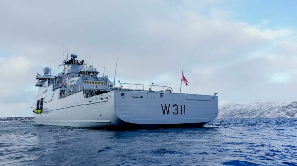 Kystvaktens Jan Mayen-klasse KV Bjørnøya (W 311) i forbindelse med militærøvelsen Nordic Response hvor over 20.000 norske og allierte soldater fra 13 land trente sammen på å forsvare Norden. Foto: Heiko Junge / NTB